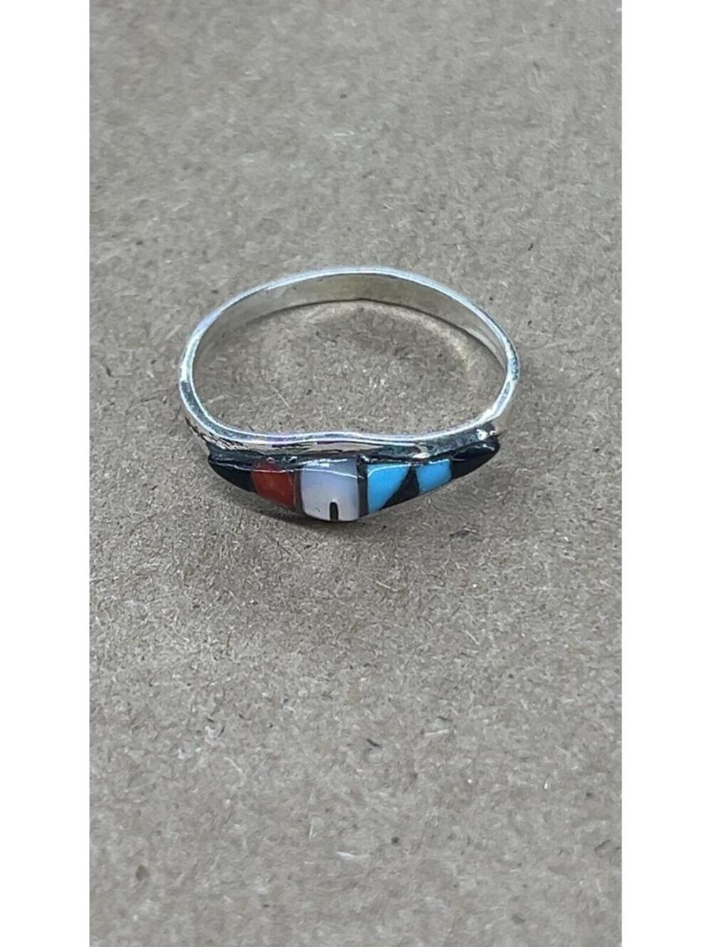 Zuni sterling silver turquoise coral inlay traditional ring size 8.25